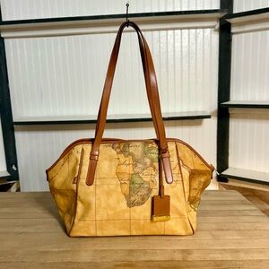 Alviero Martini Classic Tan Map Printed Shoulder Satchel Bag